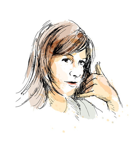 Colored hand drawing woman to call me gesture. Vector illustrationのイラスト素材