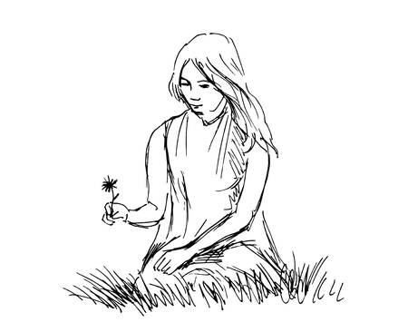 Hand sketch woman sitting in grass. Vector illustrationのイラスト素材