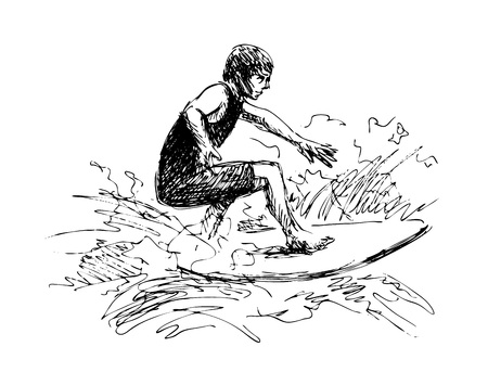 Hand sketch surfer in black and white illustration.のイラスト素材