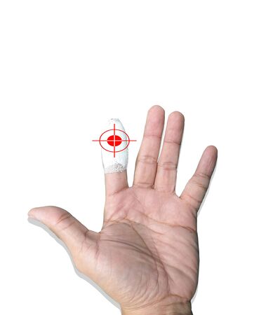 Close up Wound dressing in finger.Injured finger wrapped in bandage.on white background.Medical concept.の写真素材