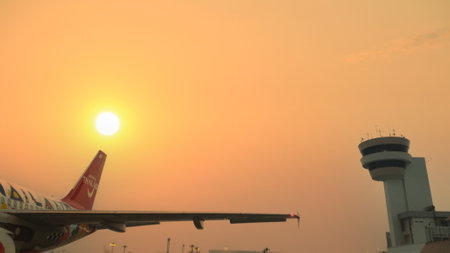 Bangkok, Thailand - Jan 19, 2020: AIR ASIA Airline low-cost flight from Donmuang International Airport to Ubonrachathani parking and prepare for takeoff on Jan 19, 2020 at Donmuang International Airport.のeditorial素材