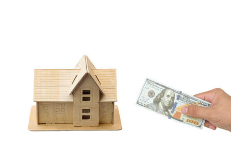 Home / mortgage loan or reverse mortgage concept depicts the financing activities between lender and borrower on white backgroundの写真素材