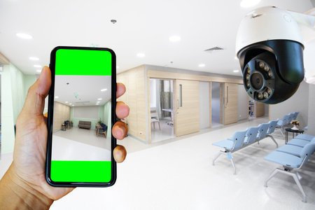 hand holding  smart mobile check office or room connect with security camera