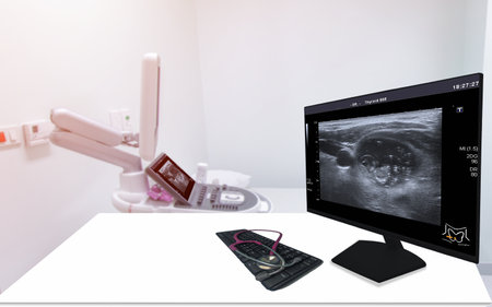 The ultrasound of the patient's thyroid gland was reported on a monitor in the Treatment room...