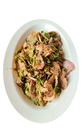 Thai street food dish with taste hot and spicy. Northeastern Thai cuisine food, they are the most popular food in Thailand, The famous local, with spicy minced pork meat salad isolated on white background.の写真素材