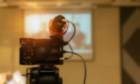 abstract blur camera show side viewfinder image catch motion in an interview or broadcast conference...