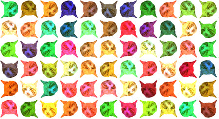 Funny animal cats' heads spiral on white background. Fashion art collage pattern.の写真素材