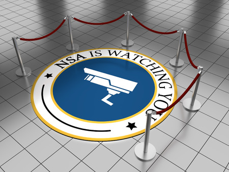 Round illustration laying on a tiled floor with the text NSA is watching you.の写真素材