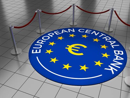 Round illustration laying on a tiled floor with the text European Central Bank including the European Union (EU) stars and Euro sign.の写真素材