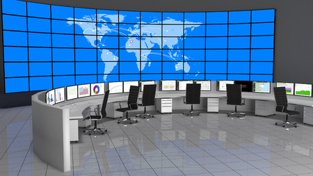 Security Operations Center containing computers desks and a large screen containing the world map.の写真素材