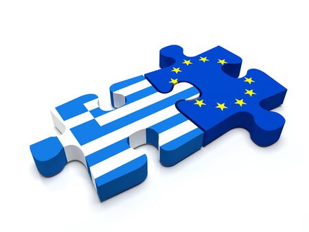 Puzzle pieces connect a piece containing the Greece flag and the European Union flag.の写真素材