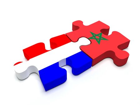 Puzzle pieces connect a piece containing the dutch flag and the Moroccan flag.の写真素材