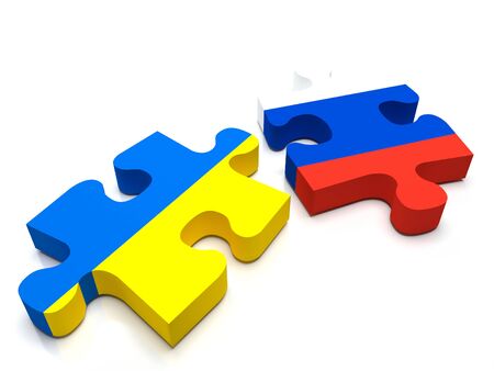 Puzzle pieces a piece containing the Ukrainian flag and the Russian flag.の写真素材