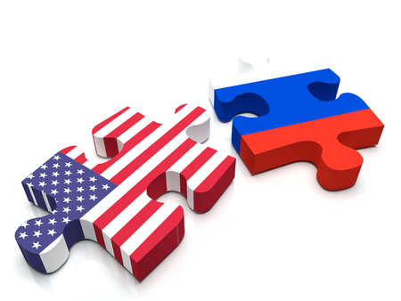Puzzle pieces a piece containing the USA flag and the Russian flag.の写真素材