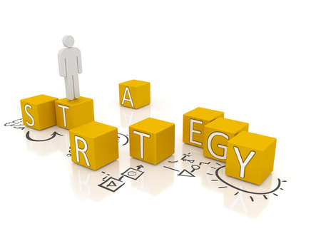 A figure standing on one of the letters of the word strategy. Blocks of letters together forming the word strategy. The letters are surrounded with written notes.の写真素材
