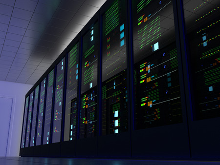 Server room (colocation) or colo with several cabinets, server, switches and gateways. One side.の写真素材