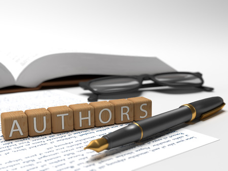 Authors - dices containing the word authors, a book, glasses and a fauntain pen.の写真素材