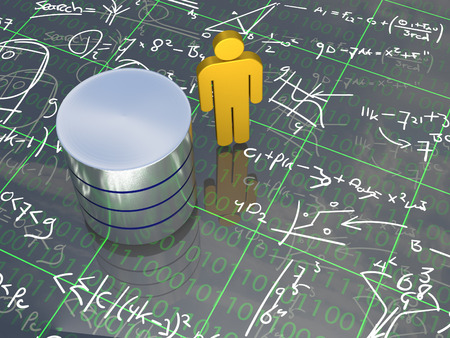 Database Engineer - An abstract man standing next to a database surounded with formulas.の写真素材