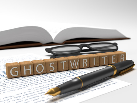 Ghostwriter - dices containing the word ghostwriter, a book, glasses and a fauntain pen.の写真素材