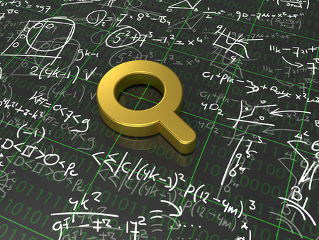 Search Algorithm - A golden magnifying glass surrounded with formulasの写真素材
