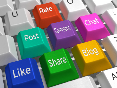 Social Media - A keyboard containing the colored keys: Like, Tweet, Comment, Share, Blog, Chat.
