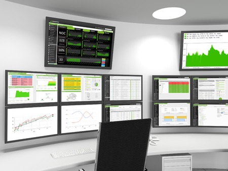 NOC / SOC Close-up - A close-up of a Network or Security Operations Center. A set of monitors shows monitoring statistics.