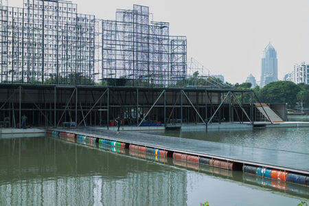 Construction on the bridge on the water surface.