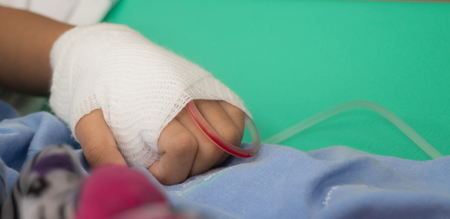 close up of blood saline solution with patientの写真素材