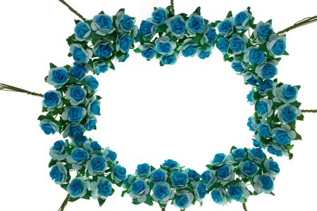 Spring flowering branches, blue flowers, no leaves, blossoms  frame  on white background.の写真素材