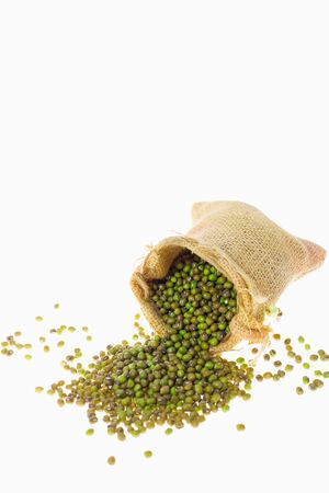 Green beans in a sack and label ,On white background.の写真素材