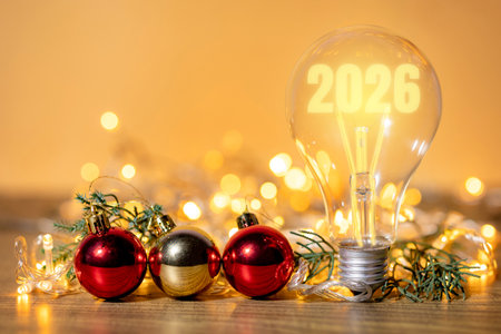 Festive scene with a glowing light bulb featuring the number 2026, surrounded by Christmas ornaments...