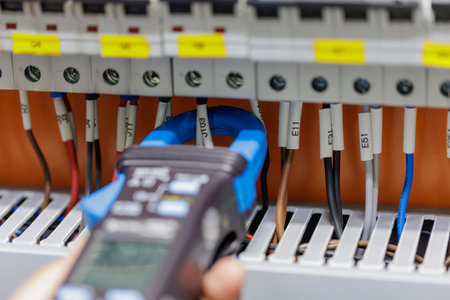 A technician's hand holds a digital clamp meter, with its clamp jaw around a single wire in a tidy...