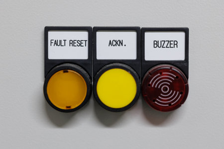 A trio of industrial control components: FAULT RESET, ACKN. (Acknowledge) push buttons, and a...