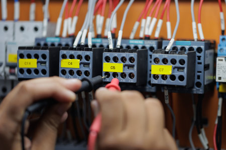 A technician's hands use probes to test a row of electrical relays in a control panel. The image...