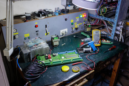 Wide shot of an electronics workshop  Tools and components are visible on the workbench, creating a...