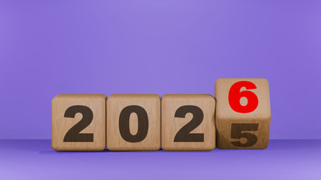 Wooden blocks showing the year change from 2025 to 2026 on a purple background, symbolizing New...