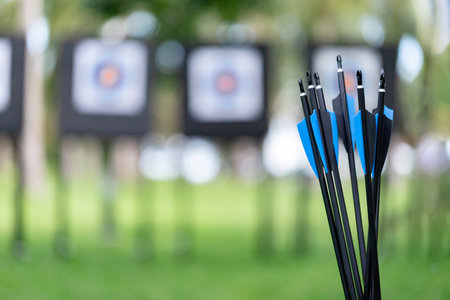 Close-up of a bunch of black and blue fletched arrows ready for shooting, with an out-of-focus (bokeh) background of archery targets on the range. Focus on equipment detail.の写真素材