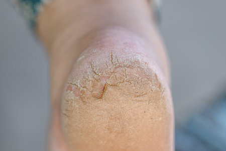 Close up of extreme cracked heels showing deep fissures and dry skin. Dermatology concept for...