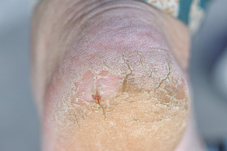 Close up of extreme cracked heels showing deep fissures and dry skin. Dermatology concept for...