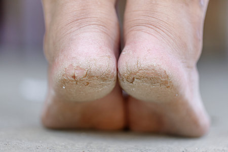 Back view of a woman standing showing severely cracked and dry heels. Human foot skin problem and calloused skin needing treatmentの写真素材