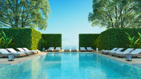 Luxury Beach Sea View Pool Villa - 3D renderingの写真素材