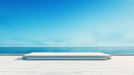 Product display podium on sea view background - 3D renderingの写真素材