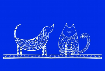 Blue illustration of dog and cat, produced in ethno style with the unique colourのイラスト素材