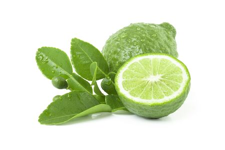 Water drops fresh Bergamot fruits with leaves isolated on white background.の写真素材