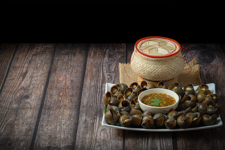 freshwater snail or apple snail were cooked as thai local food with thai spicy chili sauce and sticky rice basket on a wooden tableの写真素材