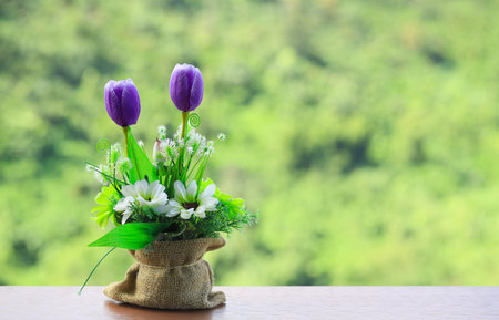 Beautiful purple flower in sack on wooden blurred nature background,selective focus, copy spaceの写真素材
