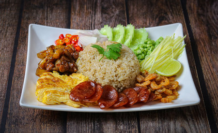 Rice seasoned with shrimp paste or rice mix slice of red onion, bean,mango, fried egg,, Thai Food on wooden backgroundの写真素材