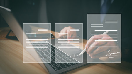 Electronic signature business concept. Businessman signs an electronic document, business approved,...