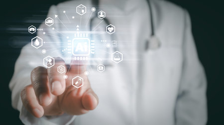 Medical worker touch virtua medical AI technology services concept.Medical worker hold virtual medical revolution and advance of technology Artificial Intelligence and technology for future Health.の写真素材