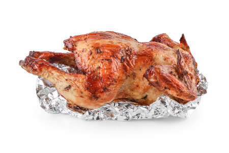Grilled chicken delicious ready to eat served on a aluminium foil isolated on white background with clipping path, Baked whole chicken, fried chicken in any kitchen, Chick meat prepared at grill.の写真素材